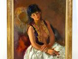 an oil painting of a woman in a white dress sitting on a chair