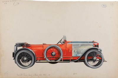 dessin représentant une vieille voiture rouge avec un homme assis au volant