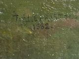 an oil painting of a dog in a field with a name written on it