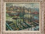 peinture de bateaux amarrés dans un port avec des bâtiments en arrière-plan