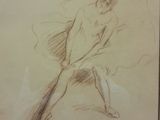 dessin représentant une femme nue dans une pose de ballerine sur un fond beige
