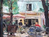 a painting of people sitting at tables outside of a restaurant