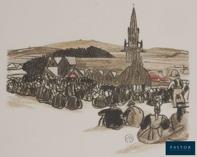 a drawing of a crowd of people gathered outside of a church