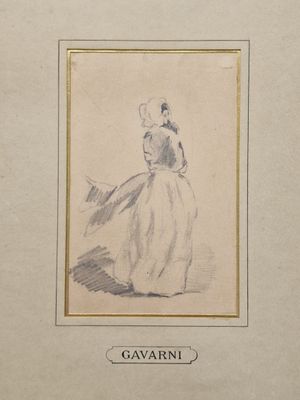 un vieux dessin représentant une femme en robe blanche, coiffée d'un chapeau