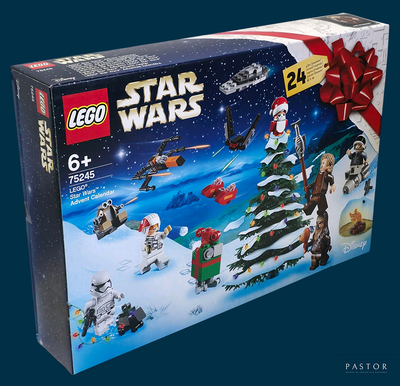 une boîte contenant des sets Lego Star Wars sur fond bleu