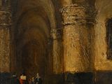 une peinture à l'huile représentant des personnes dans un bâtiment orné de colonnes et d'arcades
