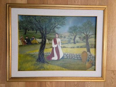 une photo d'un tableau représentant une femme vêtue d'une robe rouge et blanche