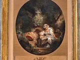 un vieux tableau représentant une femme et un enfant assis sur un banc
