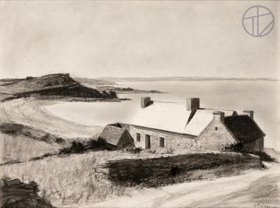 dessin d'une maison située sur une colline surplombant un plan d'eau