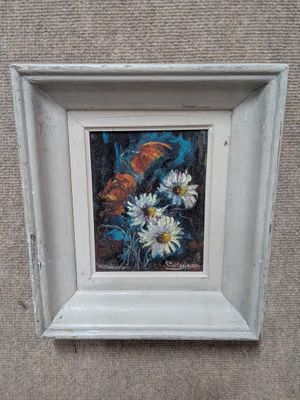 a picture of a painting of flowers in a white frame