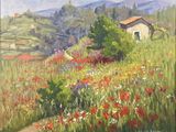 une peinture à l'huile représentant un champ de fleurs avec une maison en arrière-plan