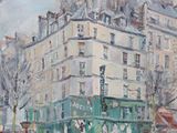 a painting of a street scene with a building in the background