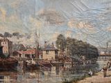 a painting of a harbor scene with boats on the water