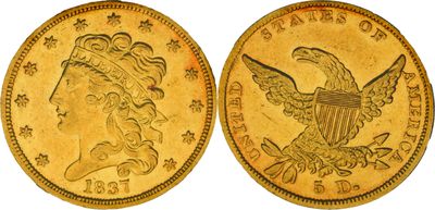 a gold coin with an eagle on the front and a woman on the back