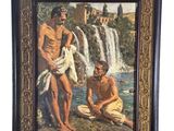 une peinture à l'huile représentant deux hommes se lavant les mains devant une cascade