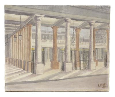 a painting of a train station with columns and a clock