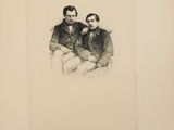 an old black and white photo of two men sitting next to each other