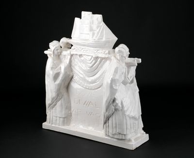 sculpture of a white statue of a man with a hat on top of a building