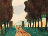 an image of a painting of a dirt road with trees