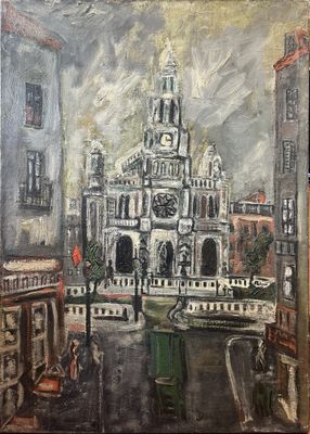 tableau représentant un grand bâtiment avec une tour horloge au cœur d'une ville