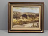 un tableau représentant une scène de vie à la ferme avec une grange en arrière-plan