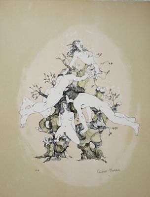 dessin représentant une femme assise sur une branche d'arbre, les jambes croisées