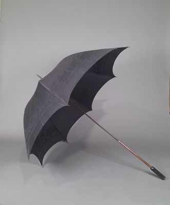 a black umbrella with a wooden handle on a white background