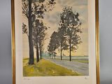 a painting of trees on the side of a road in a frame