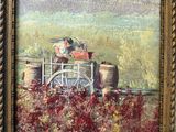 an oil painting of a woman sitting on a bench in a field