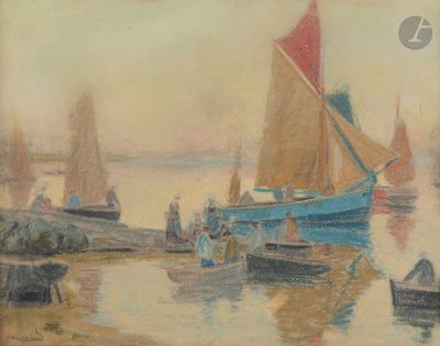 un tableau représentant des bateaux sur l'eau avec des personnes à bord