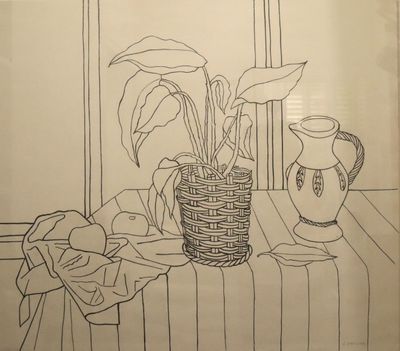 a drawing of a potted plant and a vase on a table