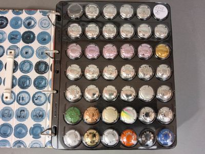 un plateau contenant tout un tas de boutons de différentes couleurs