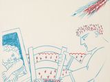 an image of a drawing of a man sitting in a chair looking at a mirror