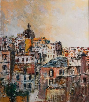 une peinture à l'huile représentant un paysage urbain avec une tour horloge en arrière-plan