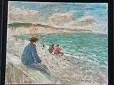 a painting of people sitting on the beach by the water