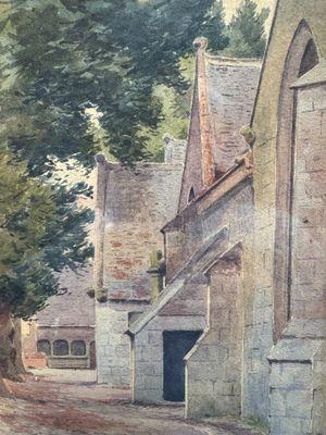 a painting of a street with a horse and carriage on it