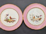 two plates with birds painted on them sitting on a table
