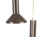two brown and white lamps hanging from a metal pole on a white background