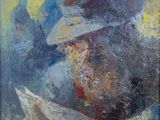 une peinture à l'huile représentant un homme coiffé d'un chapeau en train de lire un journal