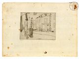 an old drawing of a man and a woman standing in front of a building