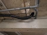 a black bird sitting on a pipe in the ceiling