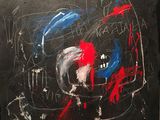peinture abstraite sur fond noir, réalisée avec de la peinture rouge, bleue et blanche