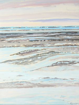 un tableau représentant un homme marchant sur la plage avec une planche de surf