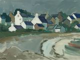 a painting of a boat in the water near a village