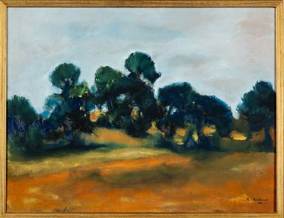an oil painting of trees in a field with a sky background