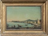 tableau représentant une vue d'un port avec des bateaux et des personnes sur l'eau
