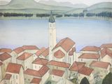 tableau représentant une vue d'une ville avec une tour horloge et un lac