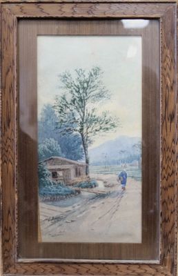 tableau encadré représentant une scène champêtre avec un homme marchant sur une route