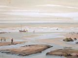 une peinture de personnes sur la plage au bord de l'eau