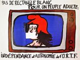 a drawing of a woman on a television with a red hat